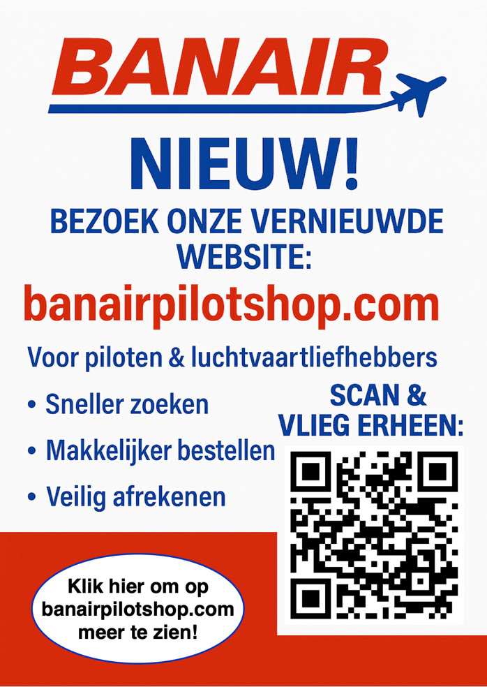 Promotional flyer for BanAir featuring text about a renewed website, a QR code, and a button for more information.